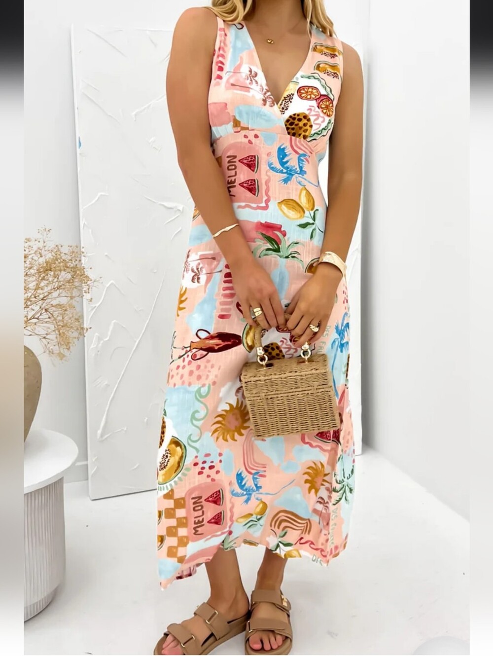 Sleeveless Pink Tropical Print V-Neck Bodysuit Dress